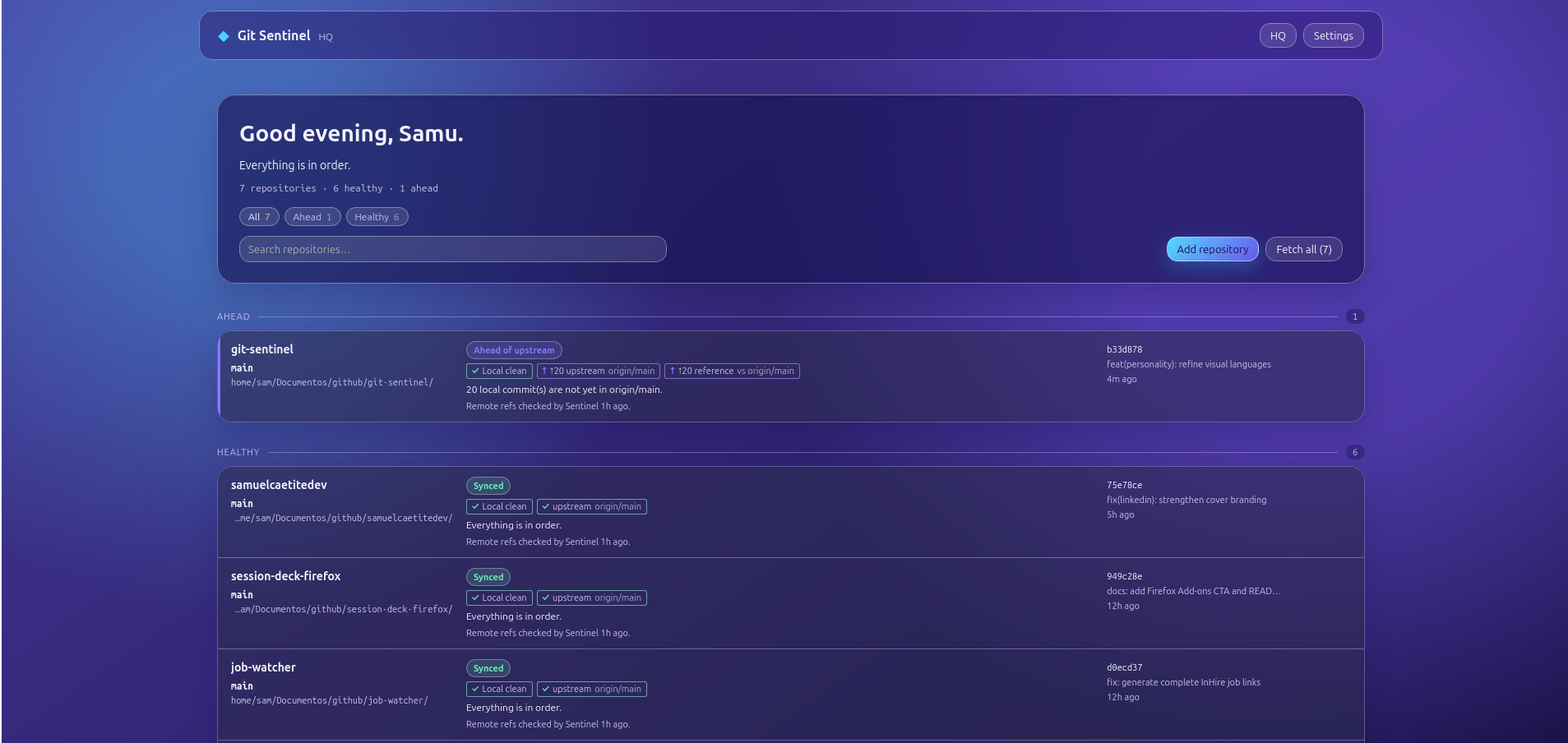 Git Sentinel en la personalidad Modern Glass