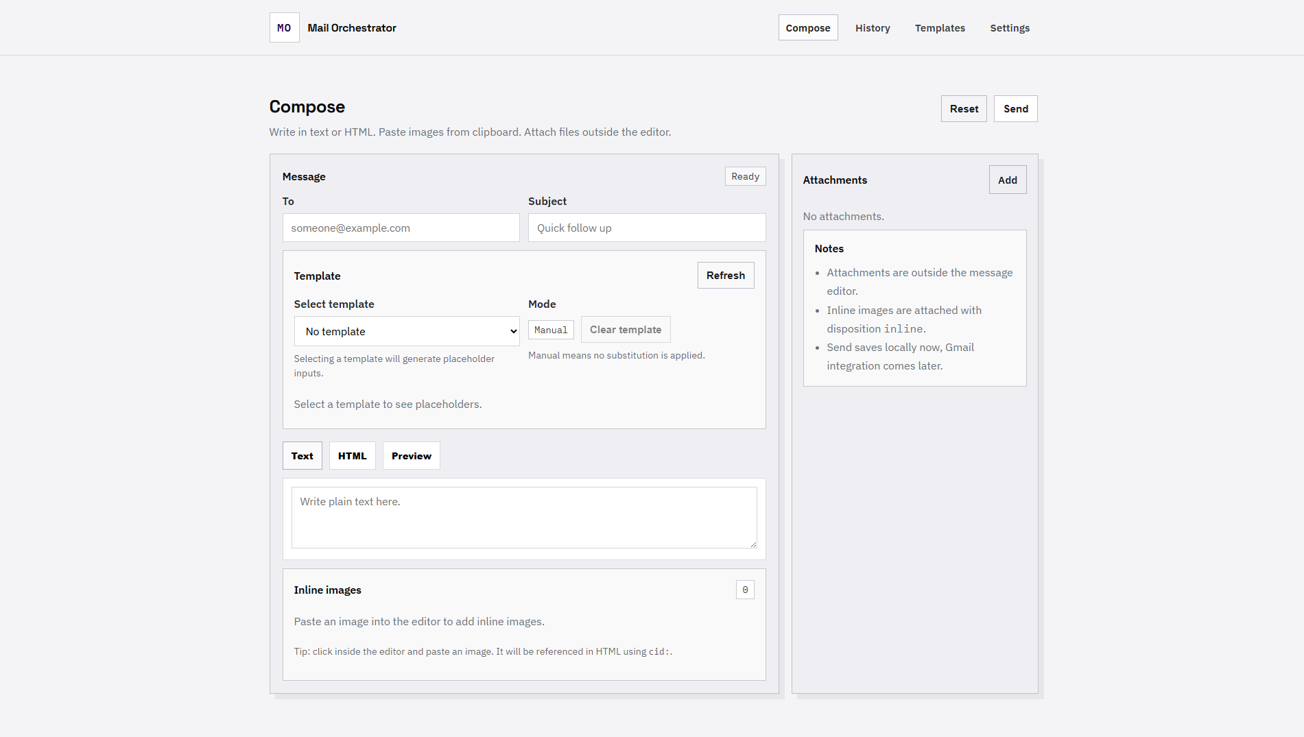 Interfaz de Mail Orchestrator para redactar correos, templates y adjuntos